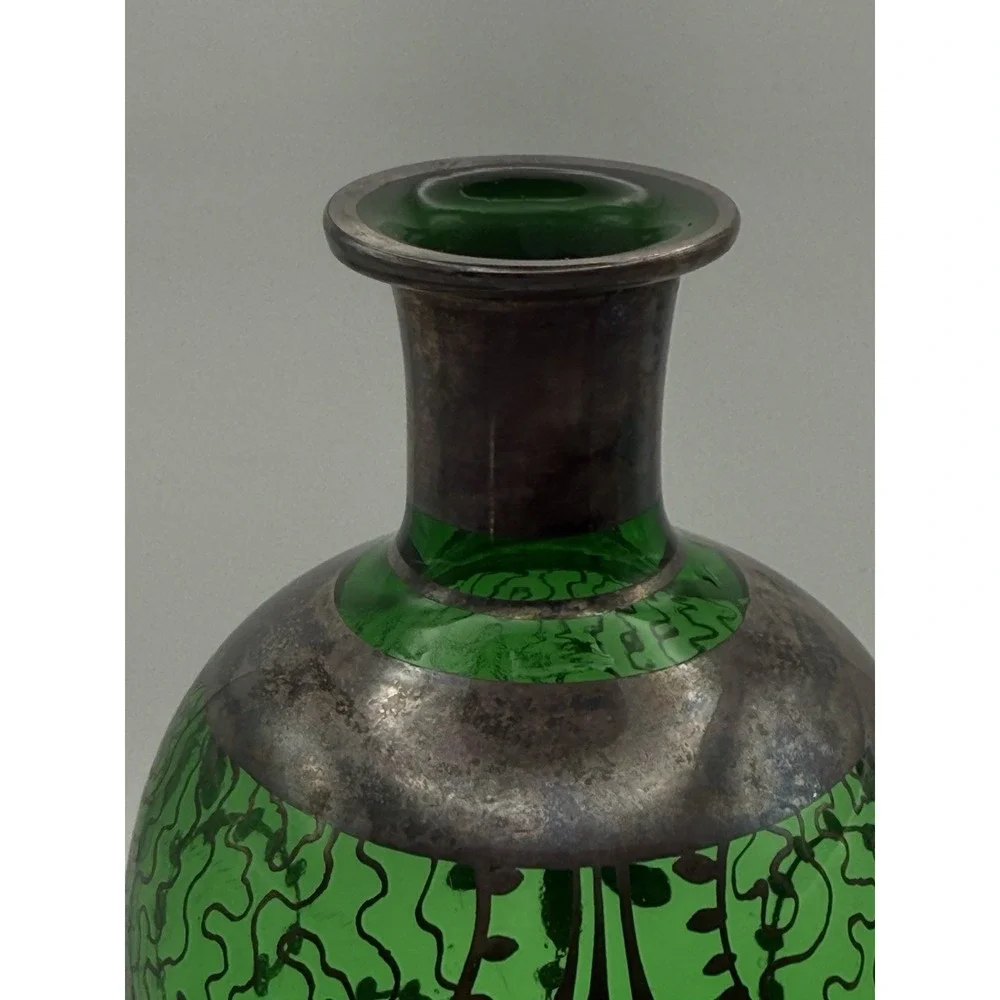 VTG Italian Emerald Green Glass Decanter & Glasses Silver Overlay Florence Italy